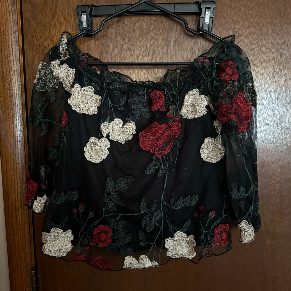 Charlotte Russe Floral Embroidered Semi Sheer Off-The-Shoulder 3/4 Sleeve Blouse